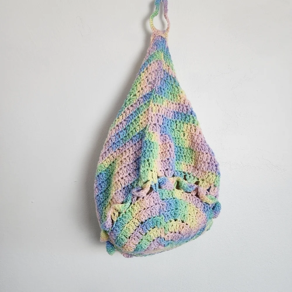 Hand Crochet Multi Color Hanging Basket With Hook New